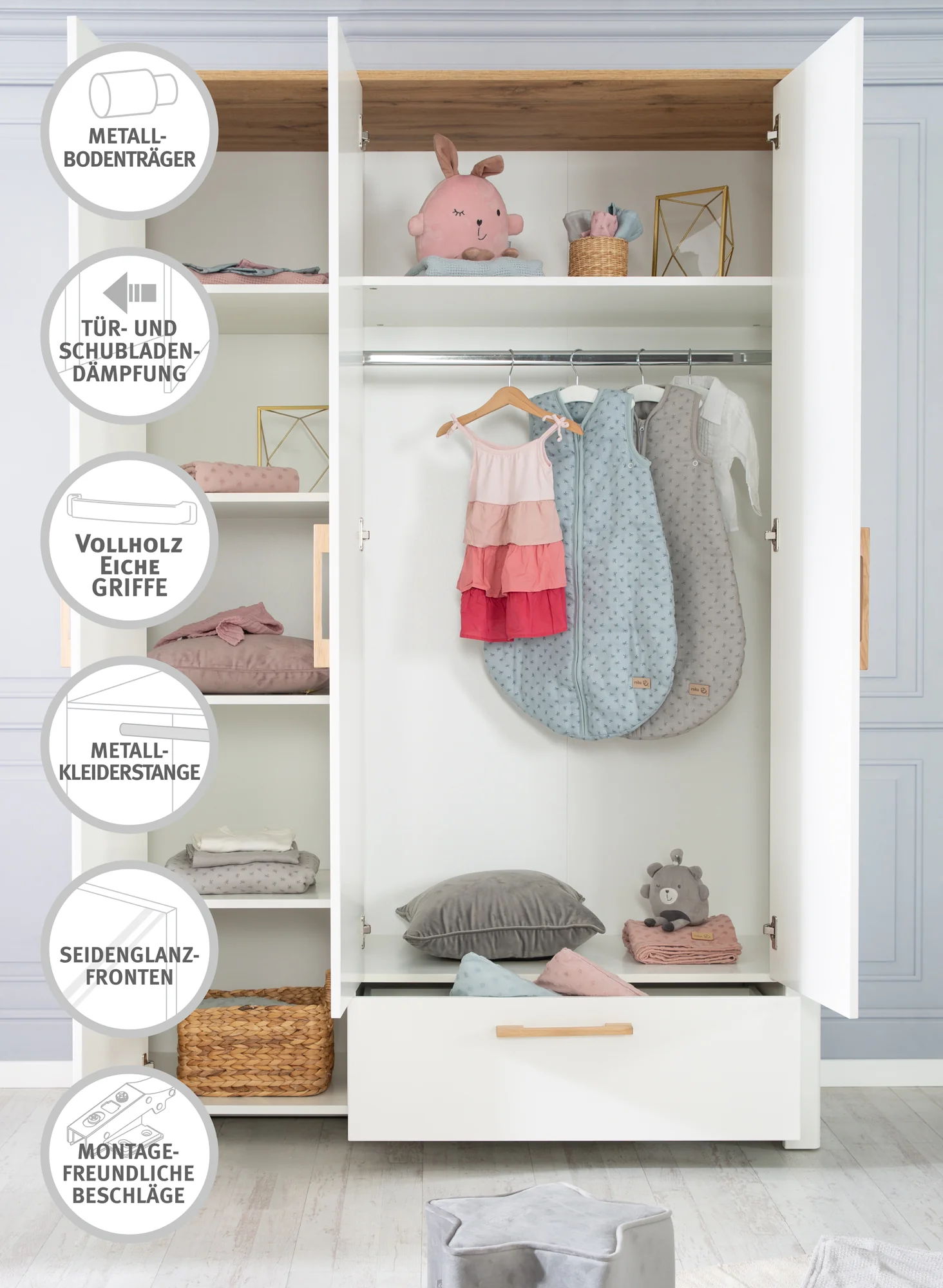 Kinderzimmerset 'Ava' 3-teilig, inkl. Kinderbett 70x140 cm, Wickelkommode & Schrank 3-türig - Image 20