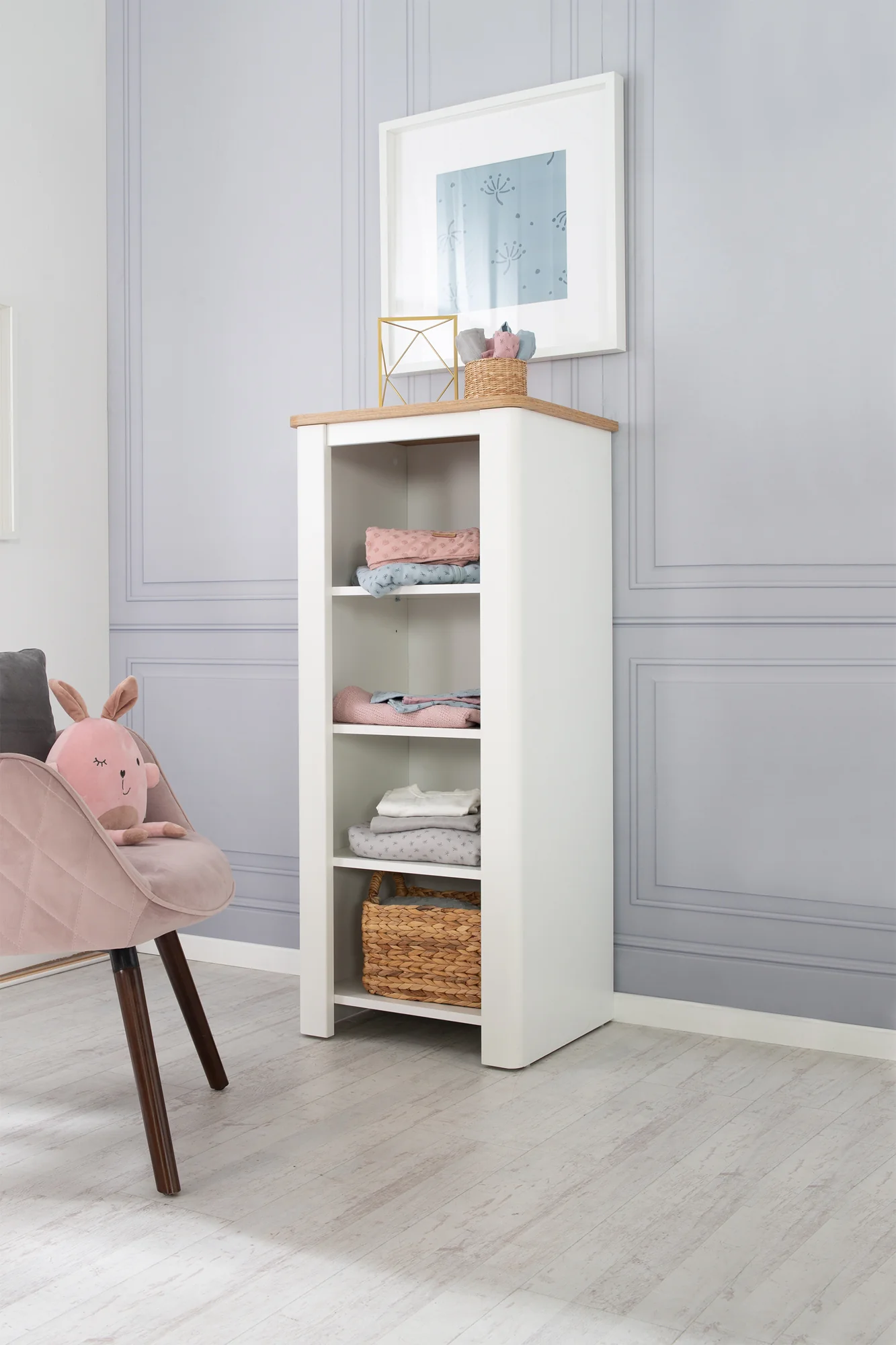 Standregal 'Ava', 4 offene Fächer, Korpus in 'Weiß', Kranz im Trenddekor 'Artisan Eiche' - Image 3