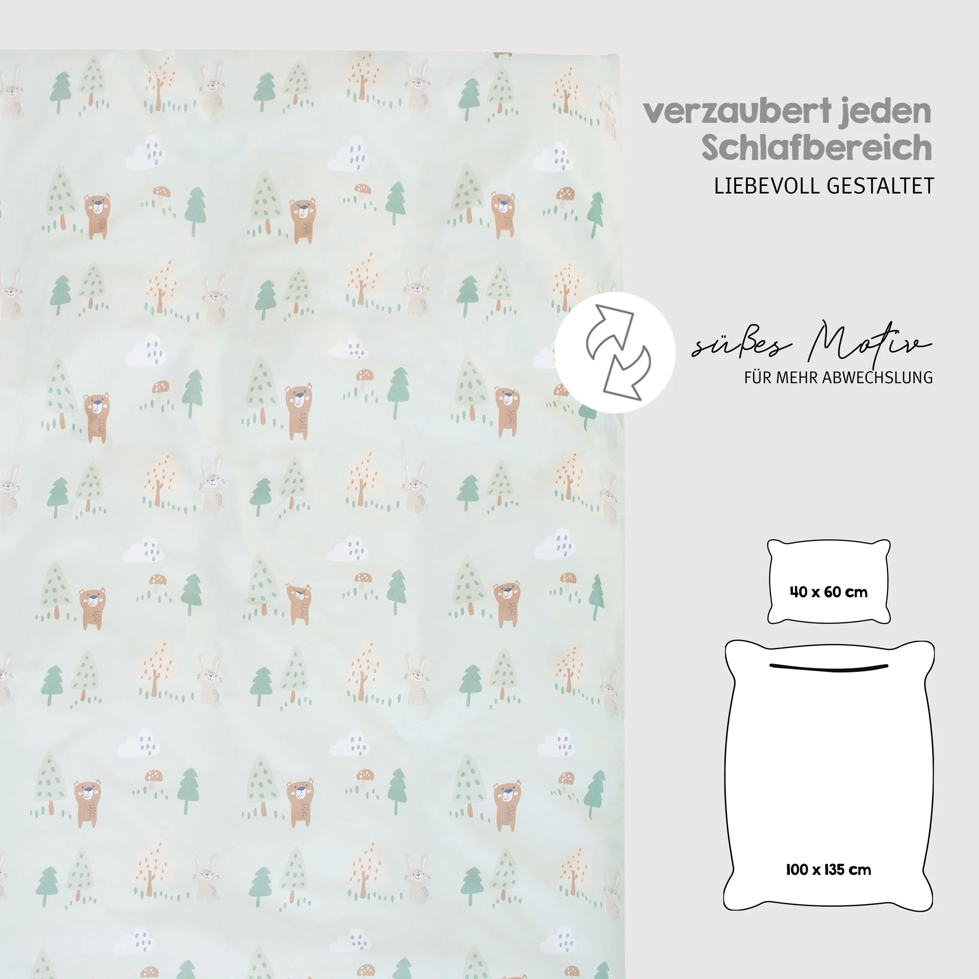 Bettwäsche 'Woodland Buddies' - Bezug für Decke 100 x 135 cm + Kissen 40 x 60 cm - Pastellgrün - Image 6