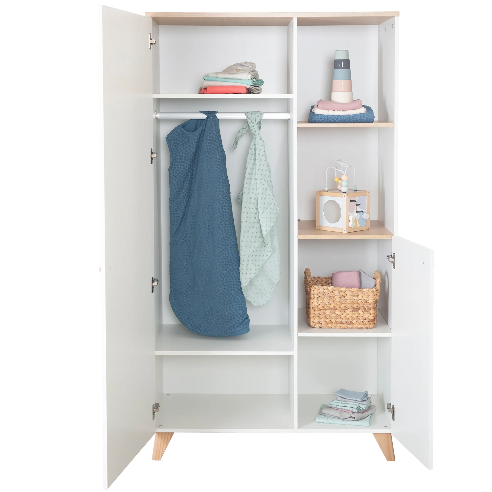 Kinderkleiderschrank 2-türig 'Leon' - Griffe + Füße aus Massivholz - Weiß / Othello Eiche - Image 4