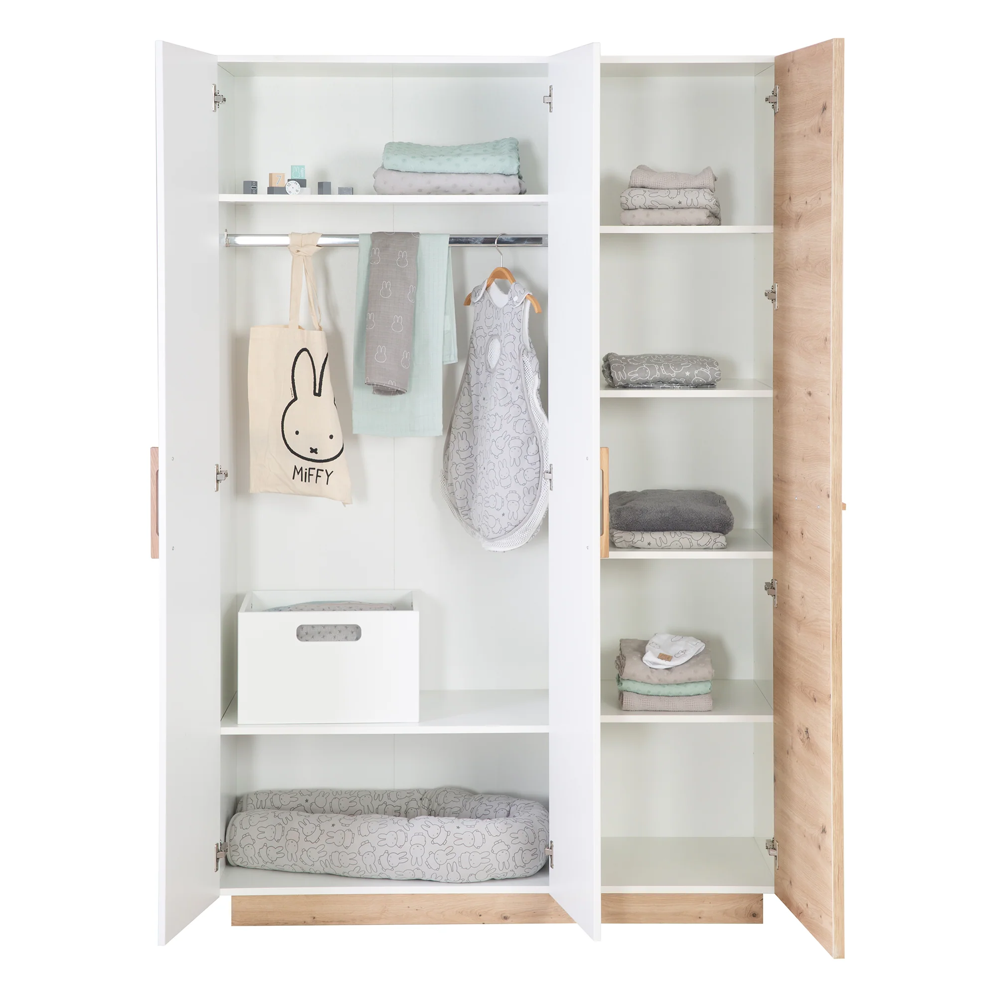 Kleiderschrank 'Lion' 3-türig - Weiß / Holzdekor 'Artisan Eiche' - Griffe aus massiver Eiche - Image 5