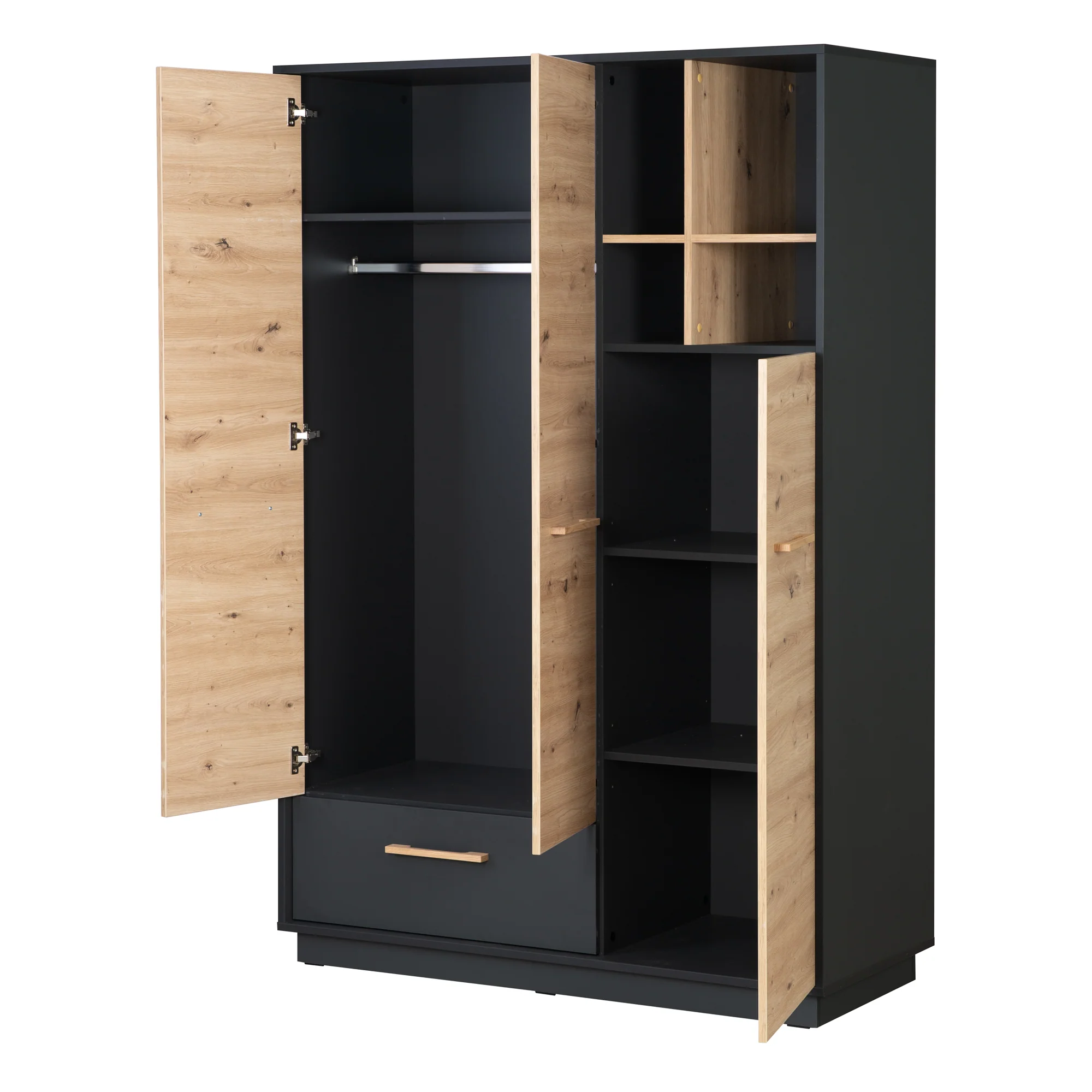 Kleiderschrank 'Lenn' 3-türig - Anthrazit - Holzdekor 'Artisan Eiche' - Massivholzgriffe - Image 4