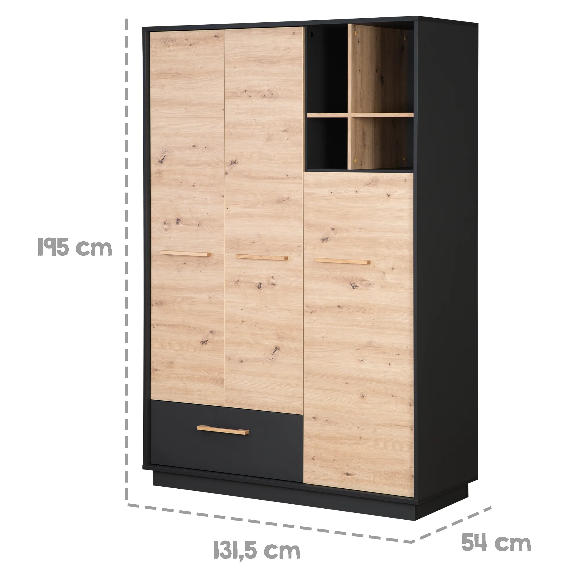 Kleiderschrank 'Lenn' 3-türig - Anthrazit - Holzdekor 'Artisan Eiche' - Massivholzgriffe - Image 8
