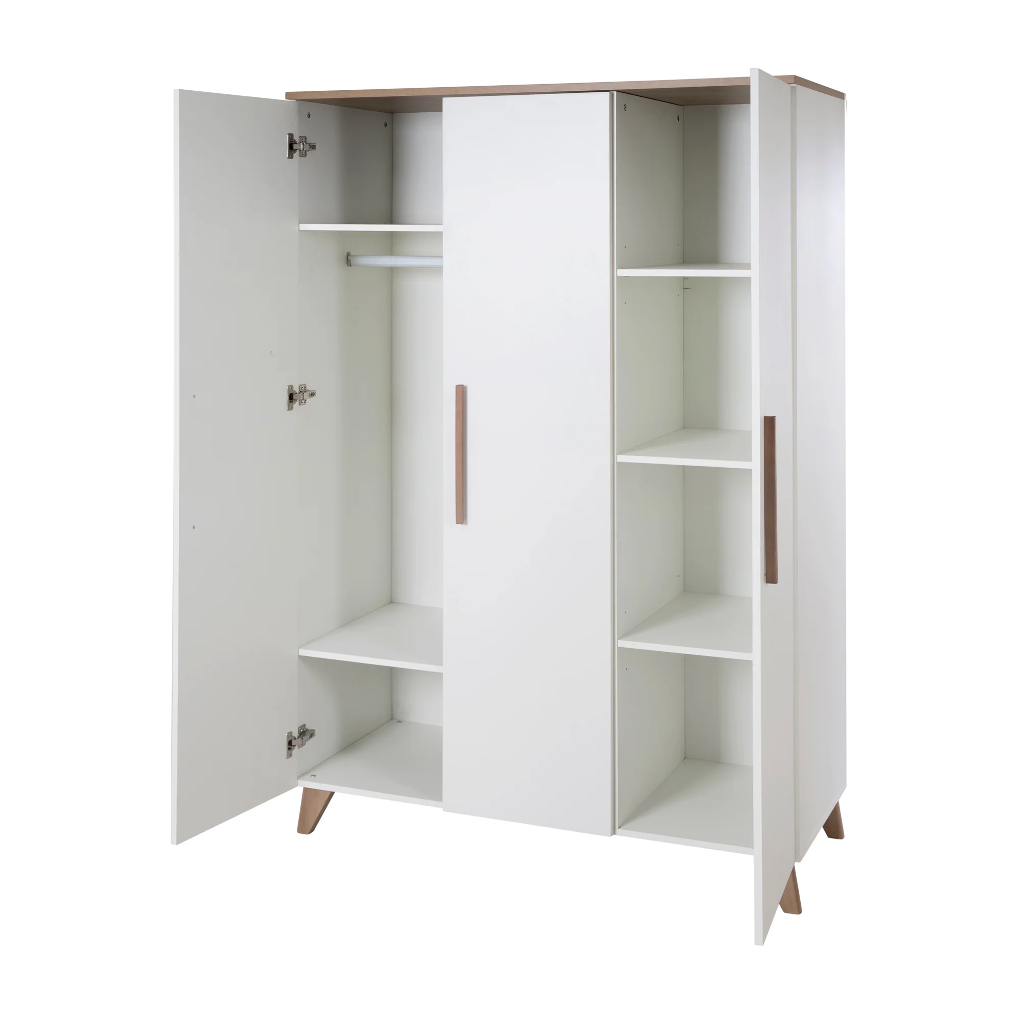 Kleiderschrank 'Ole' 3-türig mit  Holzgriffe & -füßen - Weiß / Eichen-Dekor - Image 5