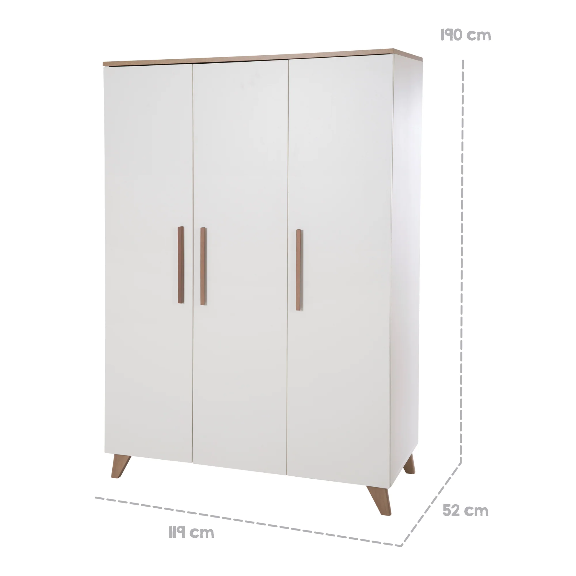 Kleiderschrank 'Ole' 3-türig mit  Holzgriffe & -füßen - Weiß / Eichen-Dekor - Image 7