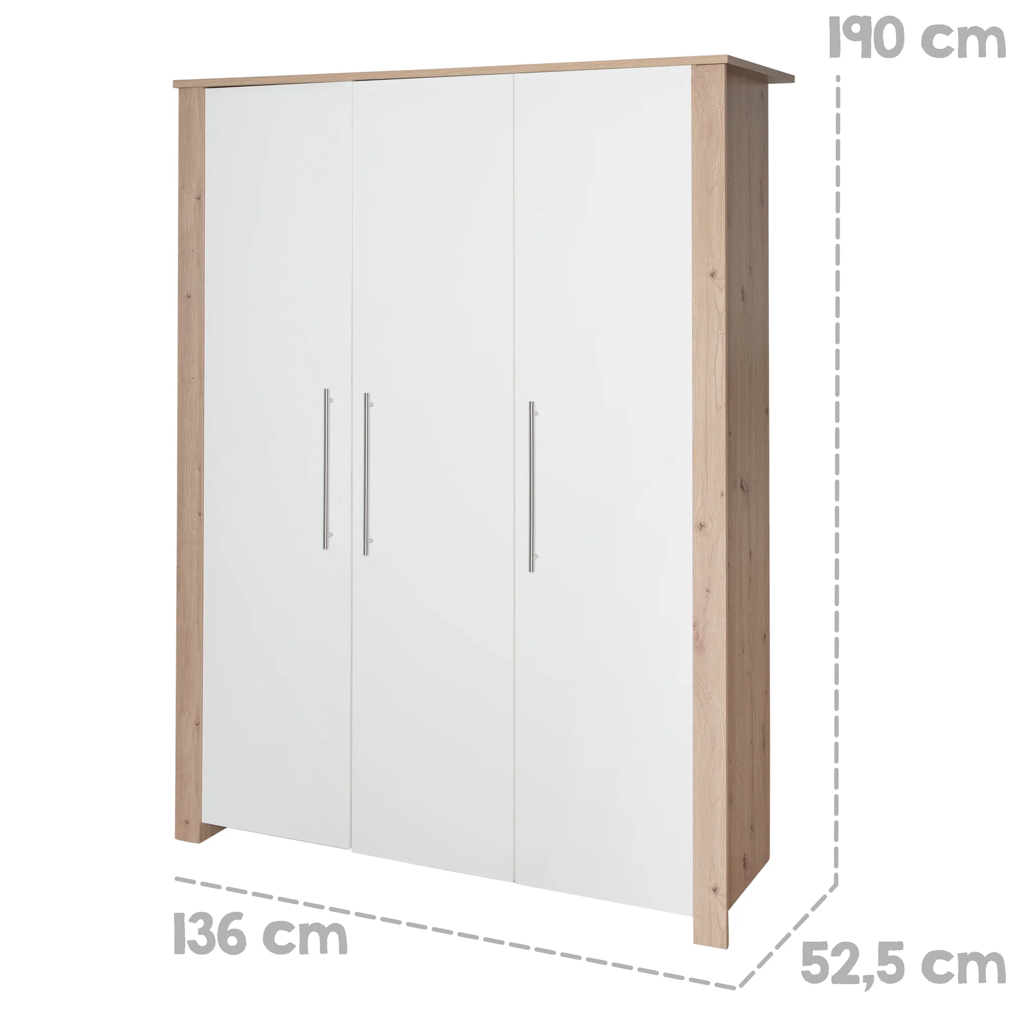Kleiderschrank 'Malo' 3-türig mit Soft-Close-Scharnieren - Weiß / Eichen-Dekor - Image 4
