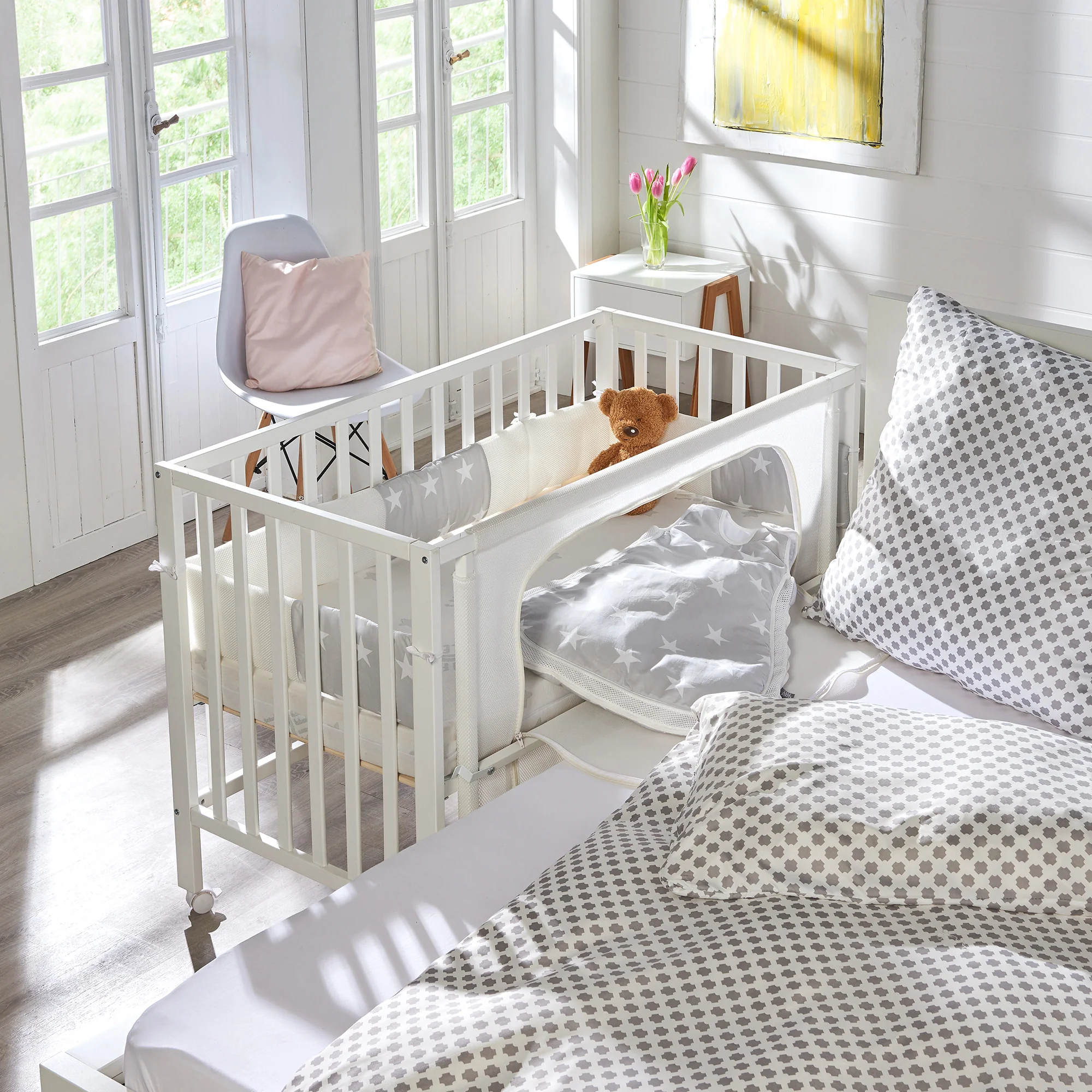 Room Bed 'safe asleep®', 60 x 120 cm, 'Sterne grau', Beistellbett inkl. Ausstattung, weiß lackiert - Image 9