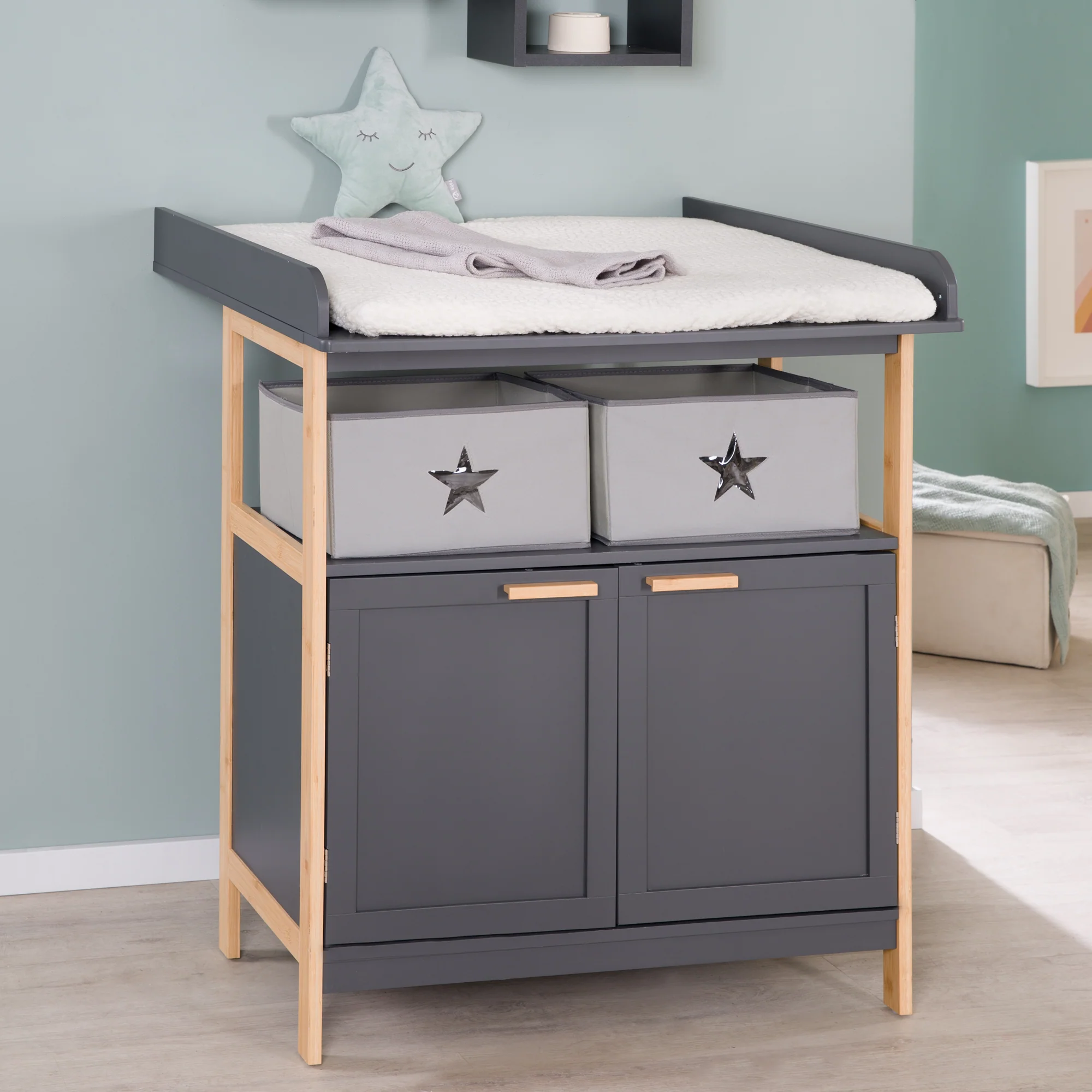 Wickelkommode 'Berlin' mit 2 Türen - Anthrazit / Bambus - Image 5