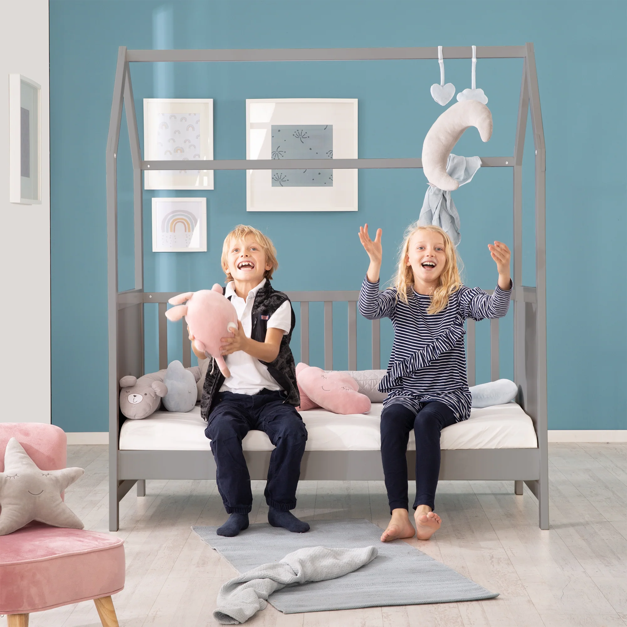 Hausbett 70 x 140 cm, FSC zertifiziert, Kombi-Kinderbett, taupe, 3-fach verstellbar, umbaubar - Image 5