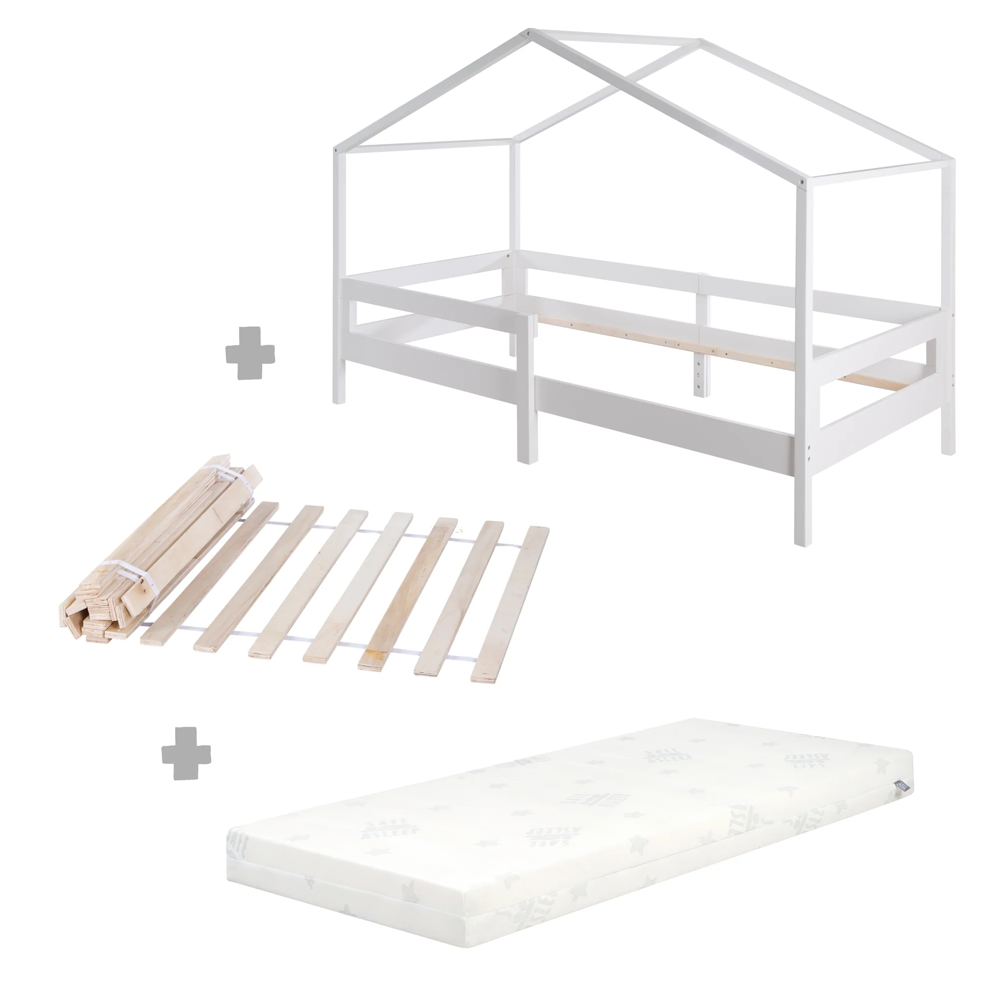 Hausbett 90 x 200 cm mit Seitengitter - Montessori Kinderbett - Holz weiß - Image 13