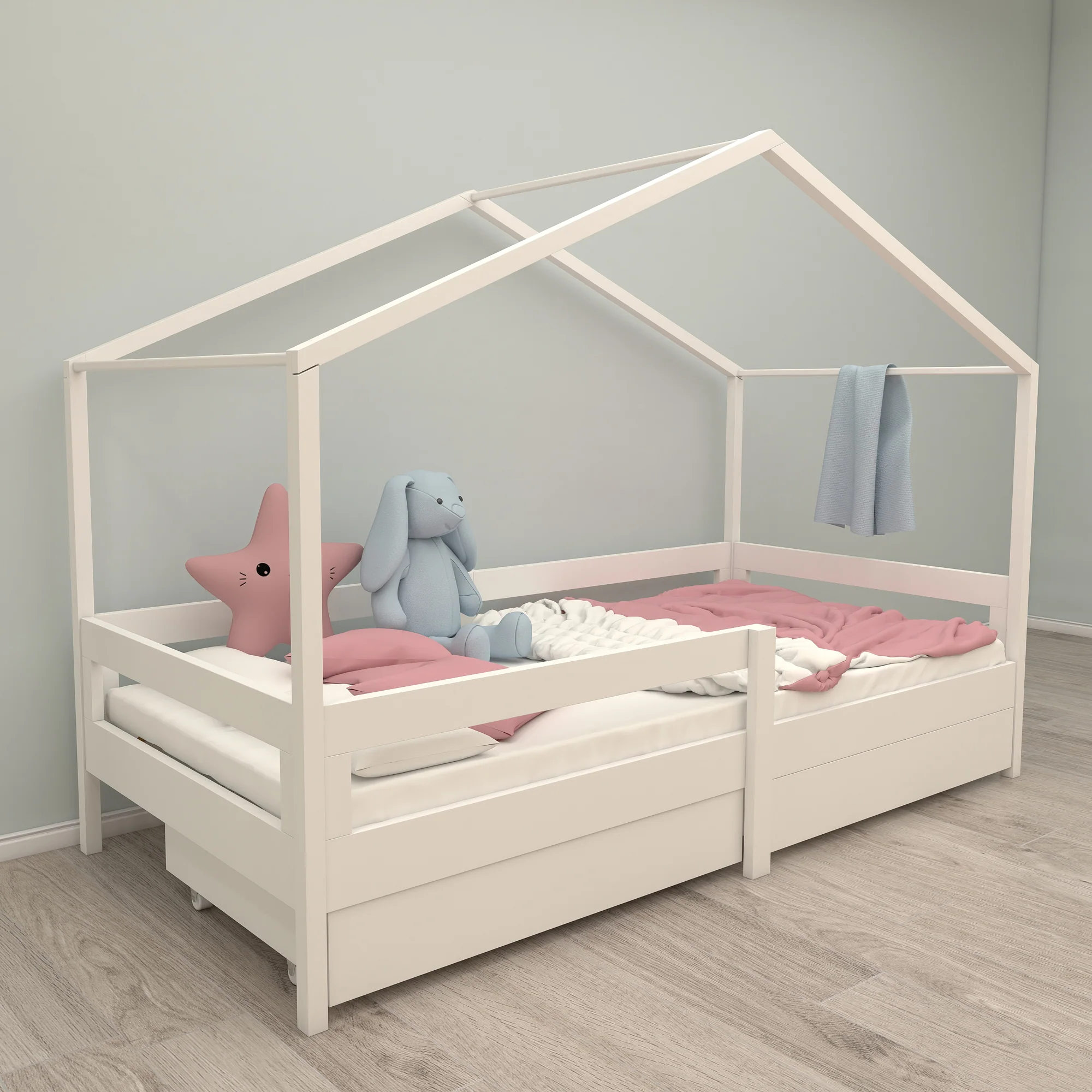 Hausbett 90 x 200 cm mit Seitengitter - Montessori Kinderbett - Holz weiß - Image 8