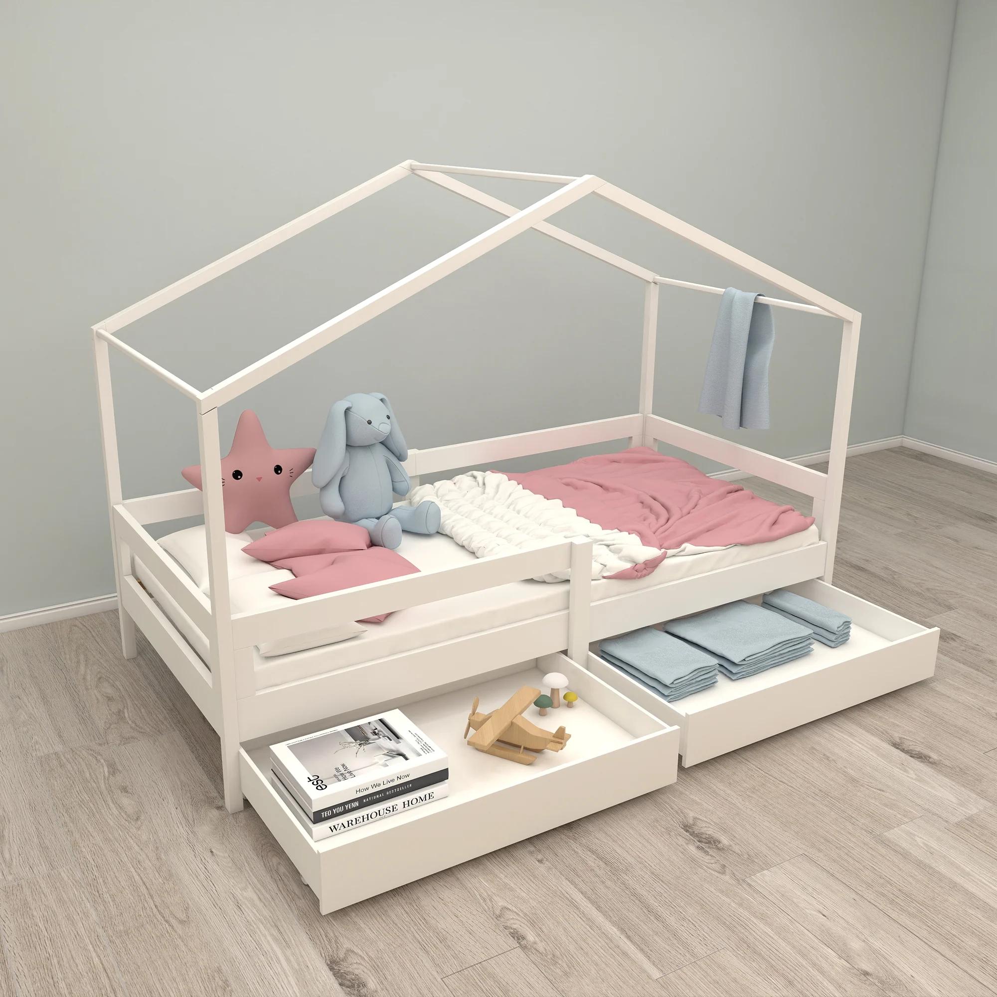 Hausbett 90 x 200 cm mit Seitengitter - Montessori Kinderbett - Holz weiß - Image 9