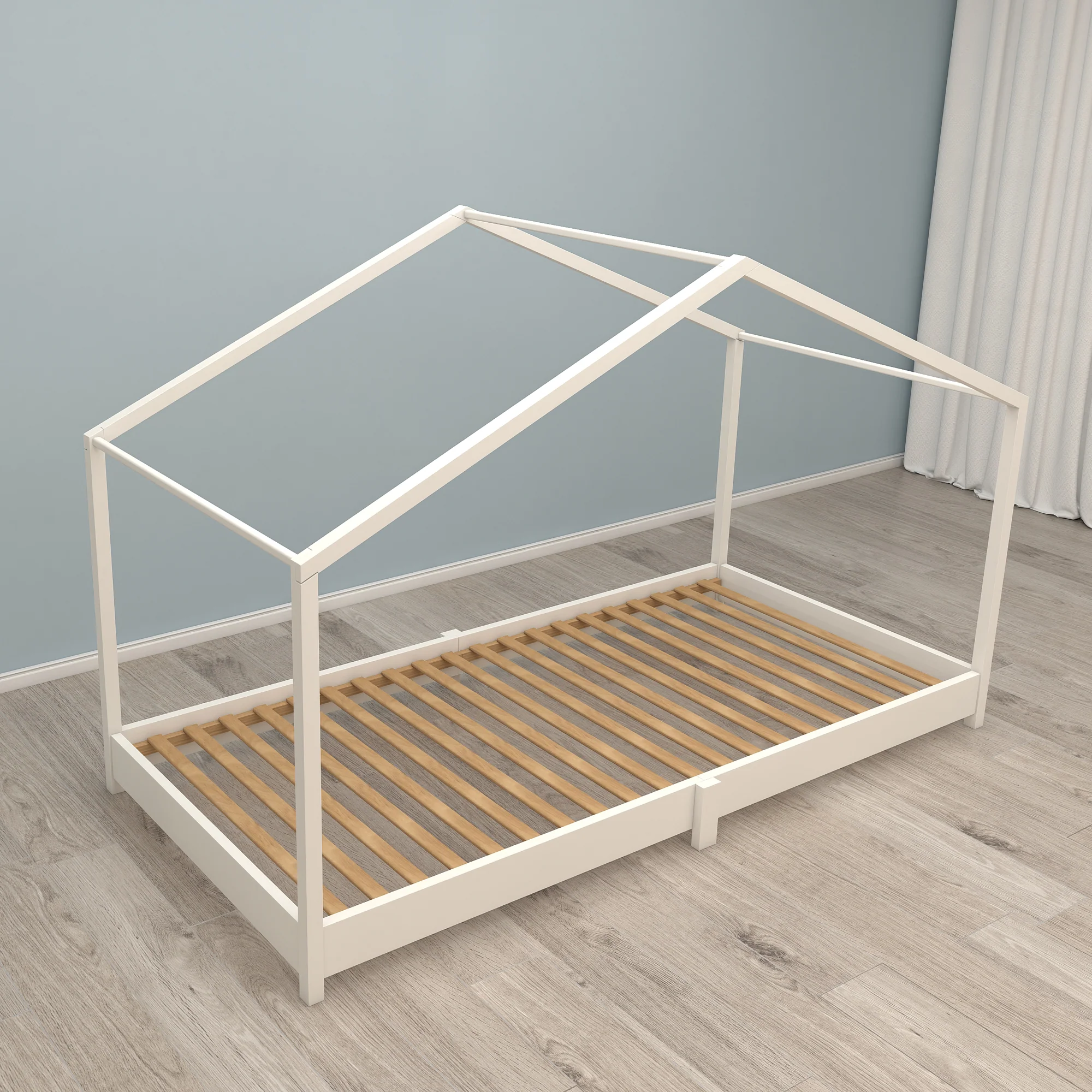 Hausbett 90 x 200 cm - Bodenbett für Kinder nach Montessori Prinzip - Holz weiß - Image 6
