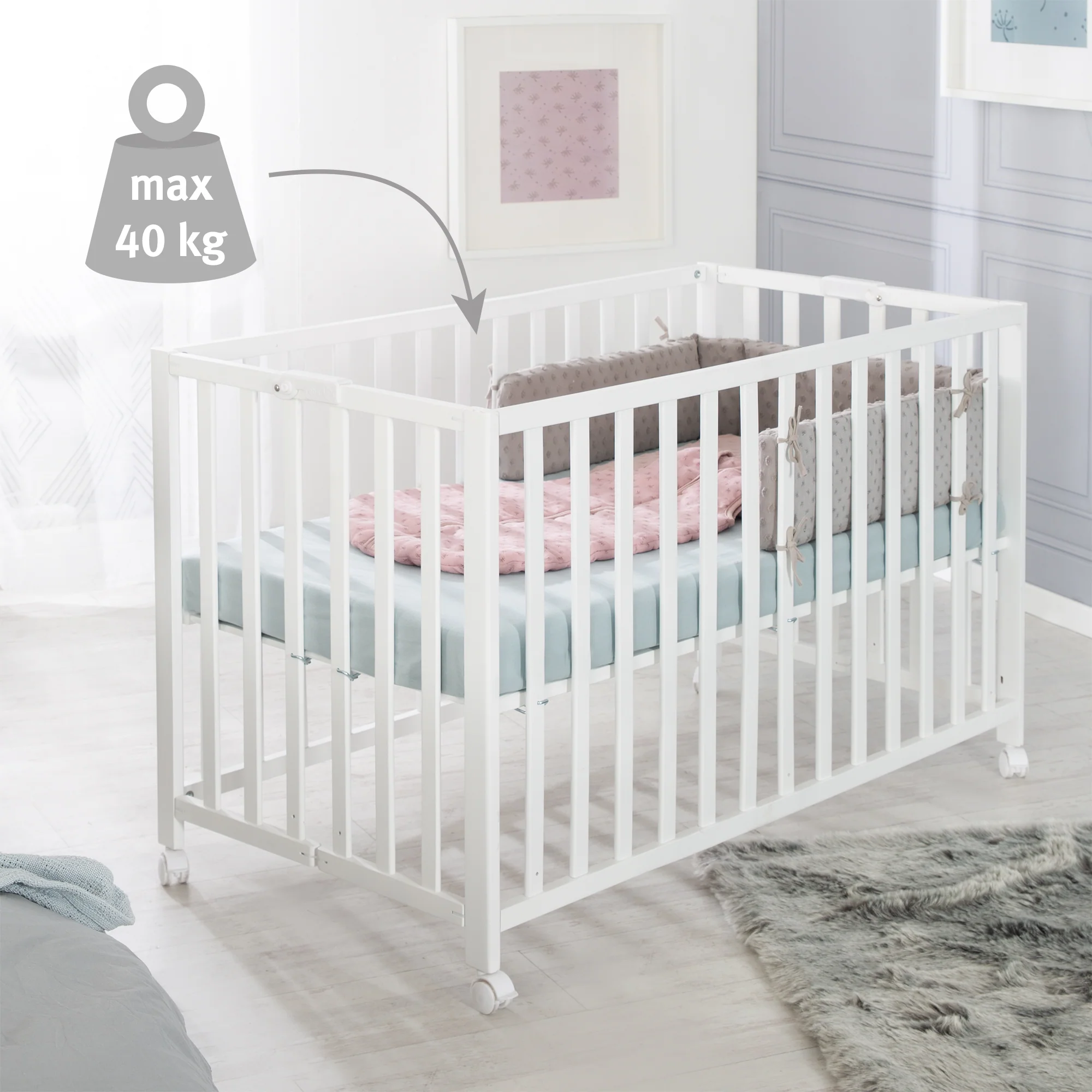 Klappbett 'Fold Up', 60 x 120 cm, Holz weiß, 2-fach höhenverstellbar, inkl. Rollen - Image 10