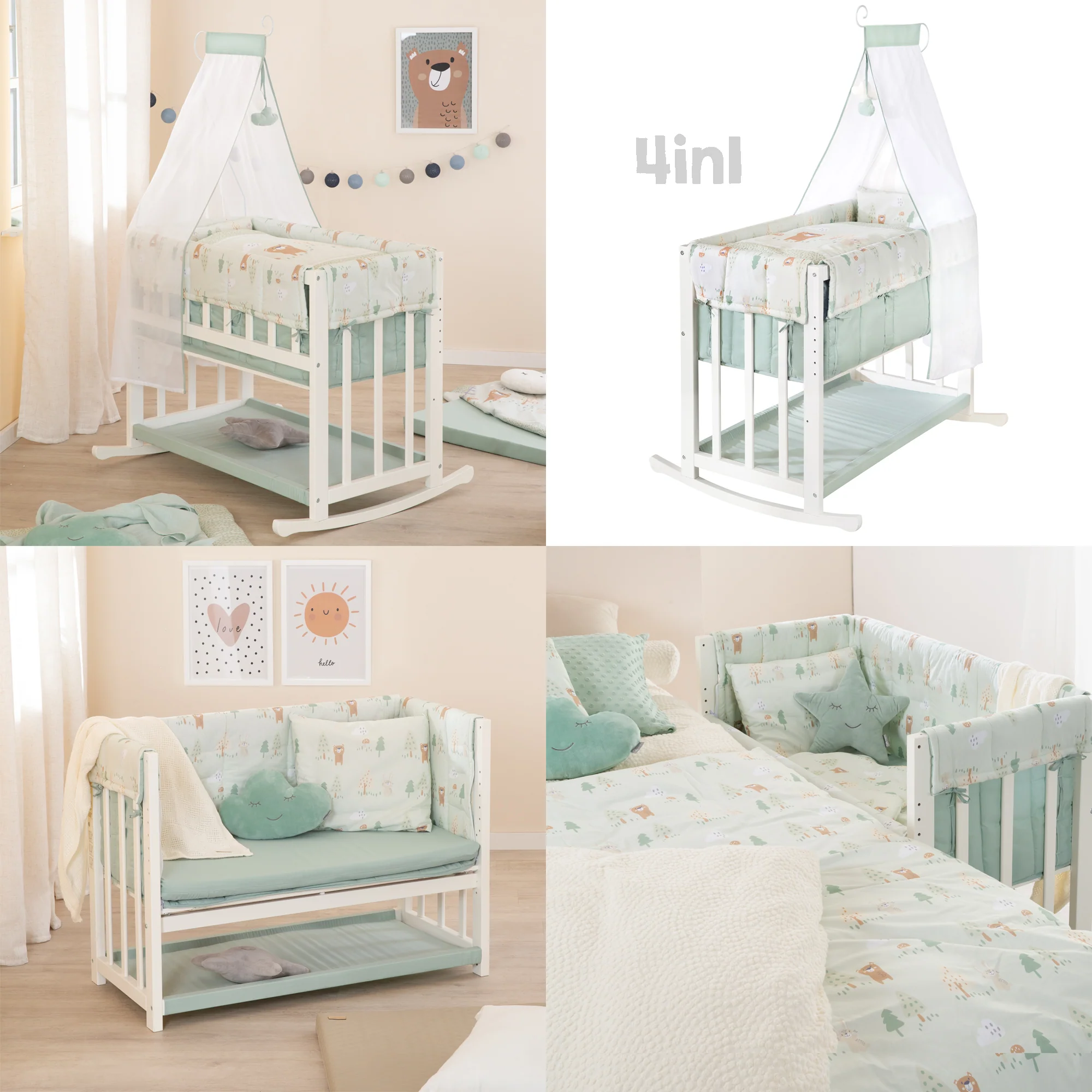 Stubenbett 4 in 1 'Woodland Buddies' inkl. textiler Ausstattung - Weiß / Pastellgrün - Image 11