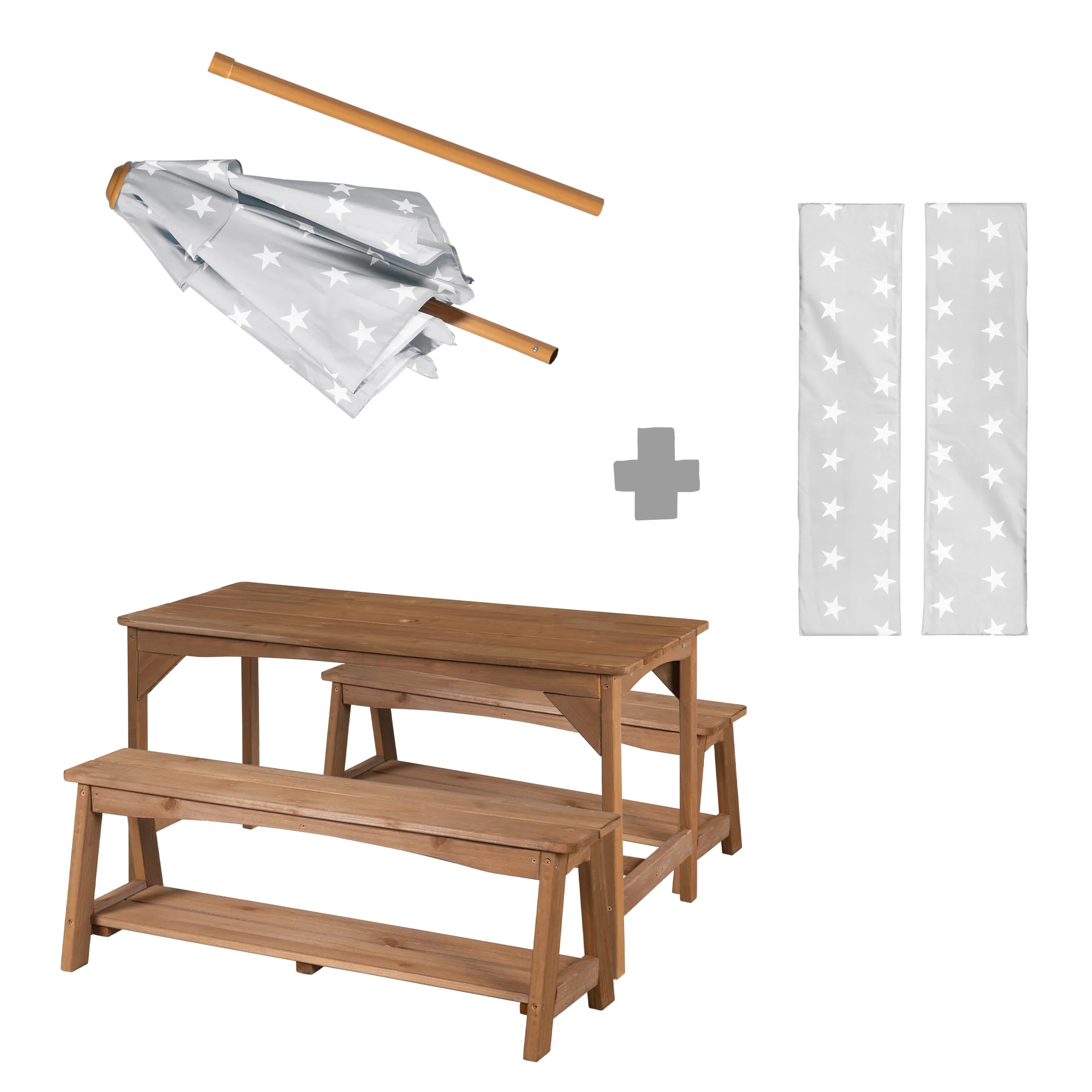 Sitzgruppe Outdoor+ 1 Tisch, 2 Bänke, Sonnenschirm & Sitzauflagen 'Little Stars' - Teak - Image 16