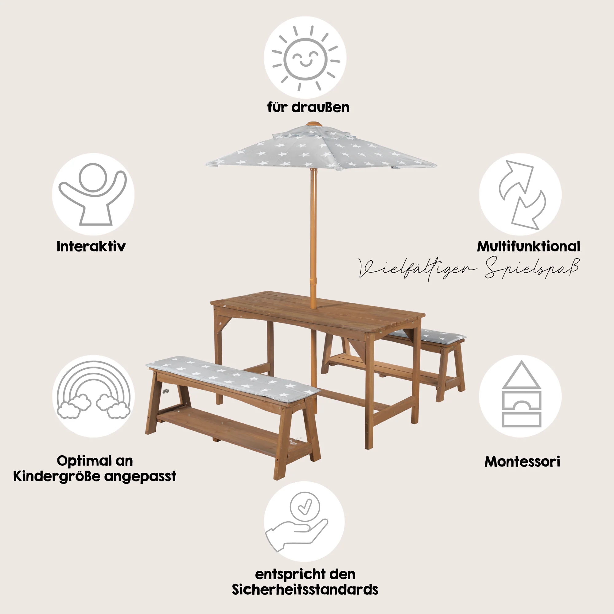 Sitzgruppe Outdoor+ 1 Tisch, 2 Bänke, Sonnenschirm & Sitzauflagen 'Little Stars' - Teak - Image 3