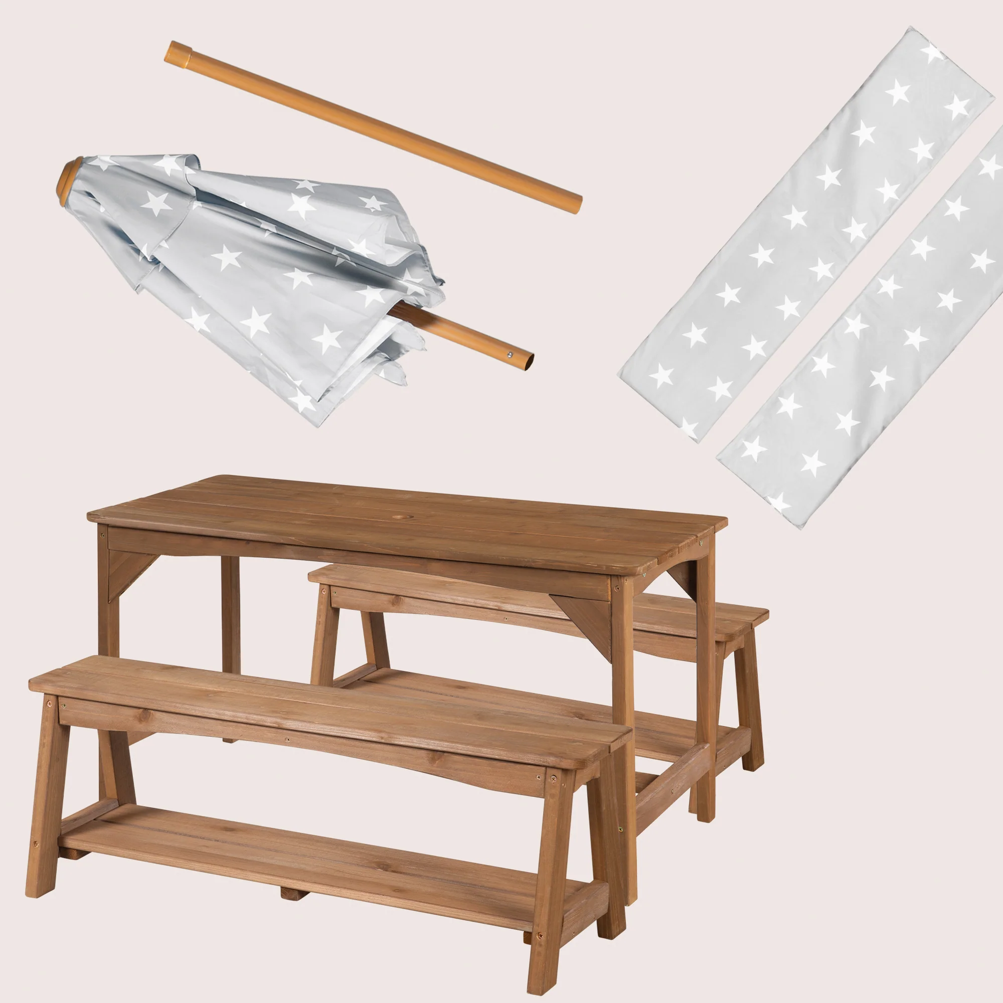 Sitzgruppe Outdoor+ 1 Tisch, 2 Bänke, Sonnenschirm & Sitzauflagen 'Little Stars' - Teak - Image 4