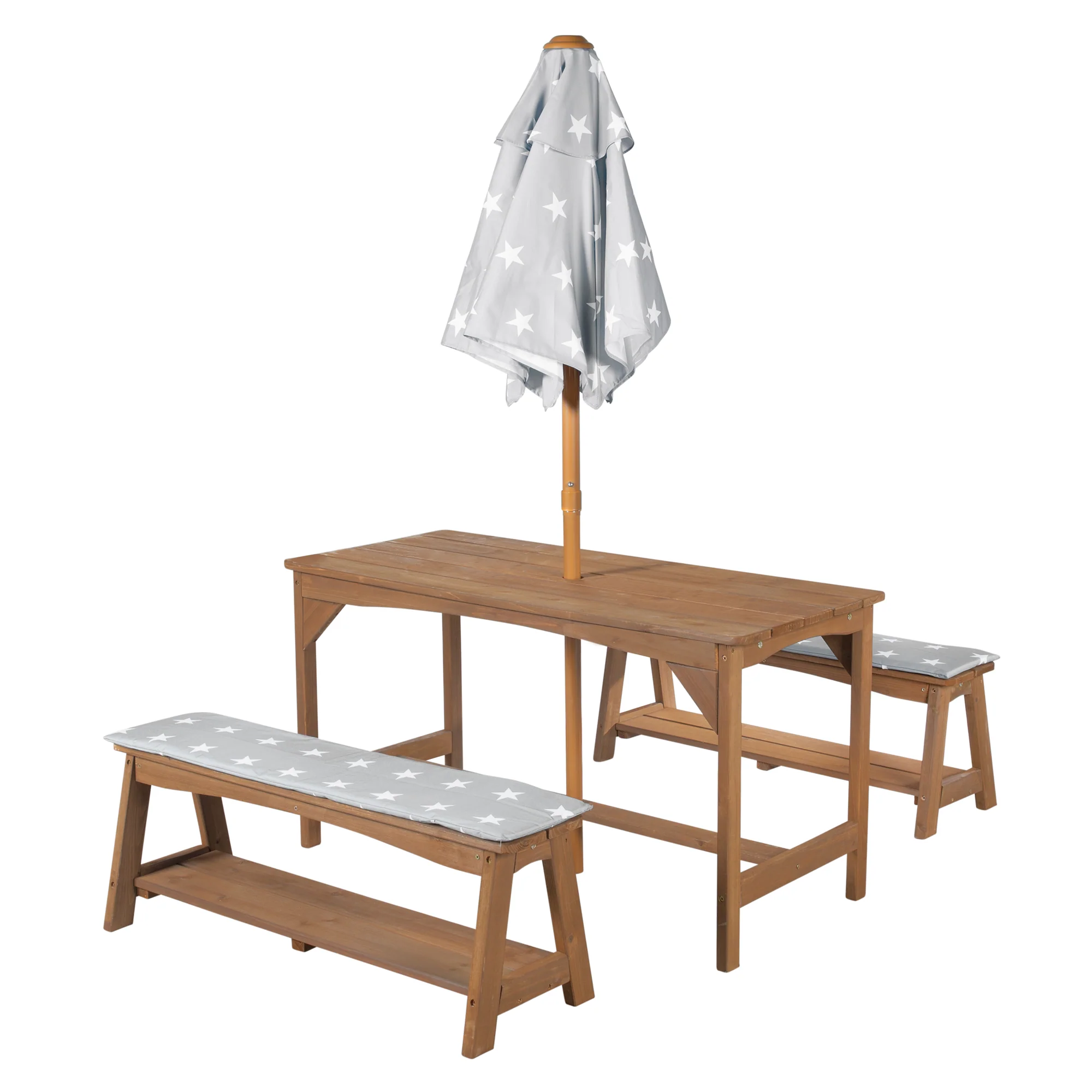 Sitzgruppe Outdoor+ 1 Tisch, 2 Bänke, Sonnenschirm & Sitzauflagen 'Little Stars' - Teak - Image 7