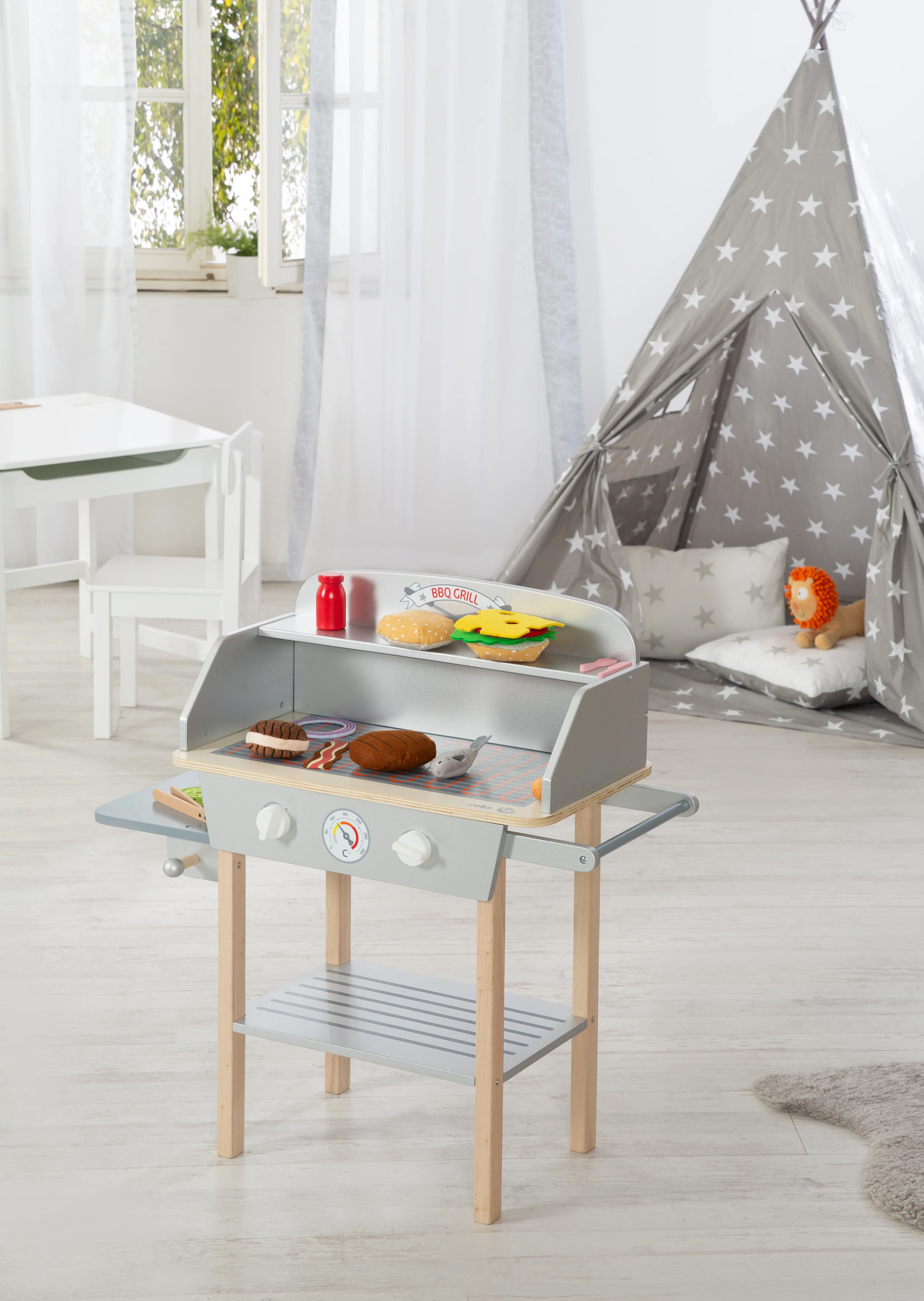 BBQ-Grill aus Holz, mit 14-teiligem Stoffzubehör, Spielzeug Barbecue Grill, ab 3 Jahren - Image 9