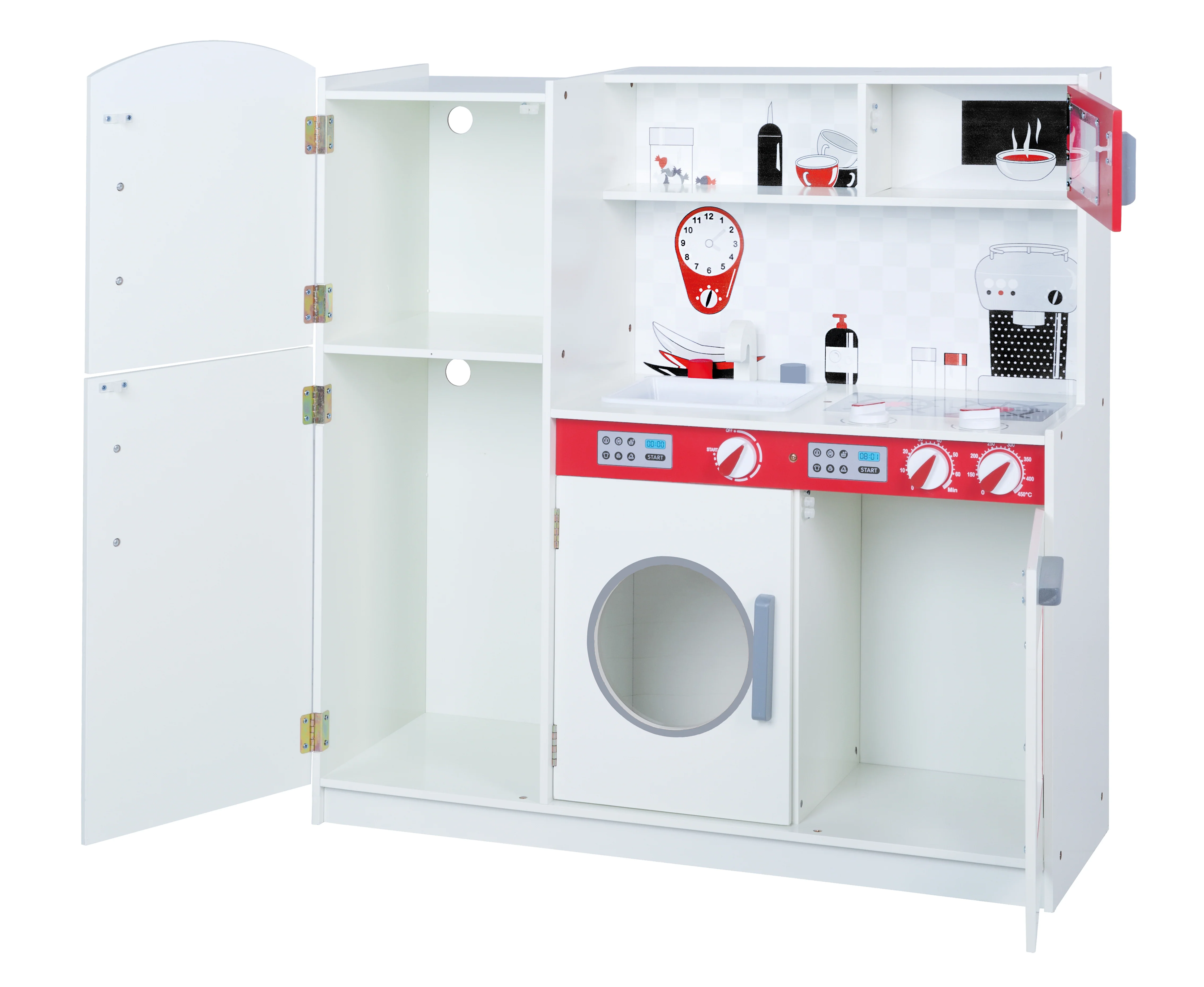 Spiel- & Kinderküche weiß/ rot - inkl. Kühlschrank, Tafel, Herd, Mikrowelle, Spüle, Wasserhahn - Image 3