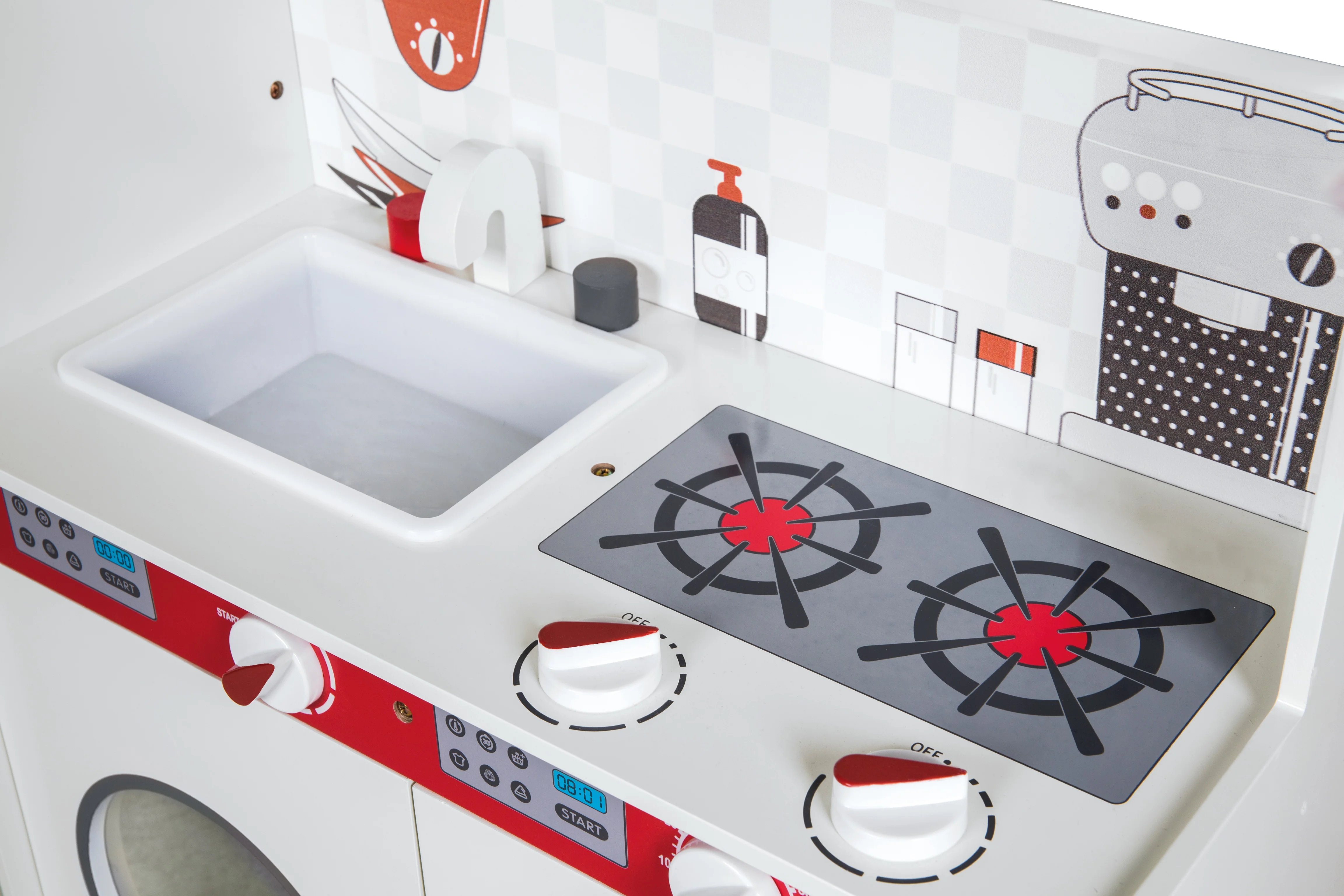 Spiel- & Kinderküche weiß/ rot - inkl. Kühlschrank, Tafel, Herd, Mikrowelle, Spüle, Wasserhahn - Image 5