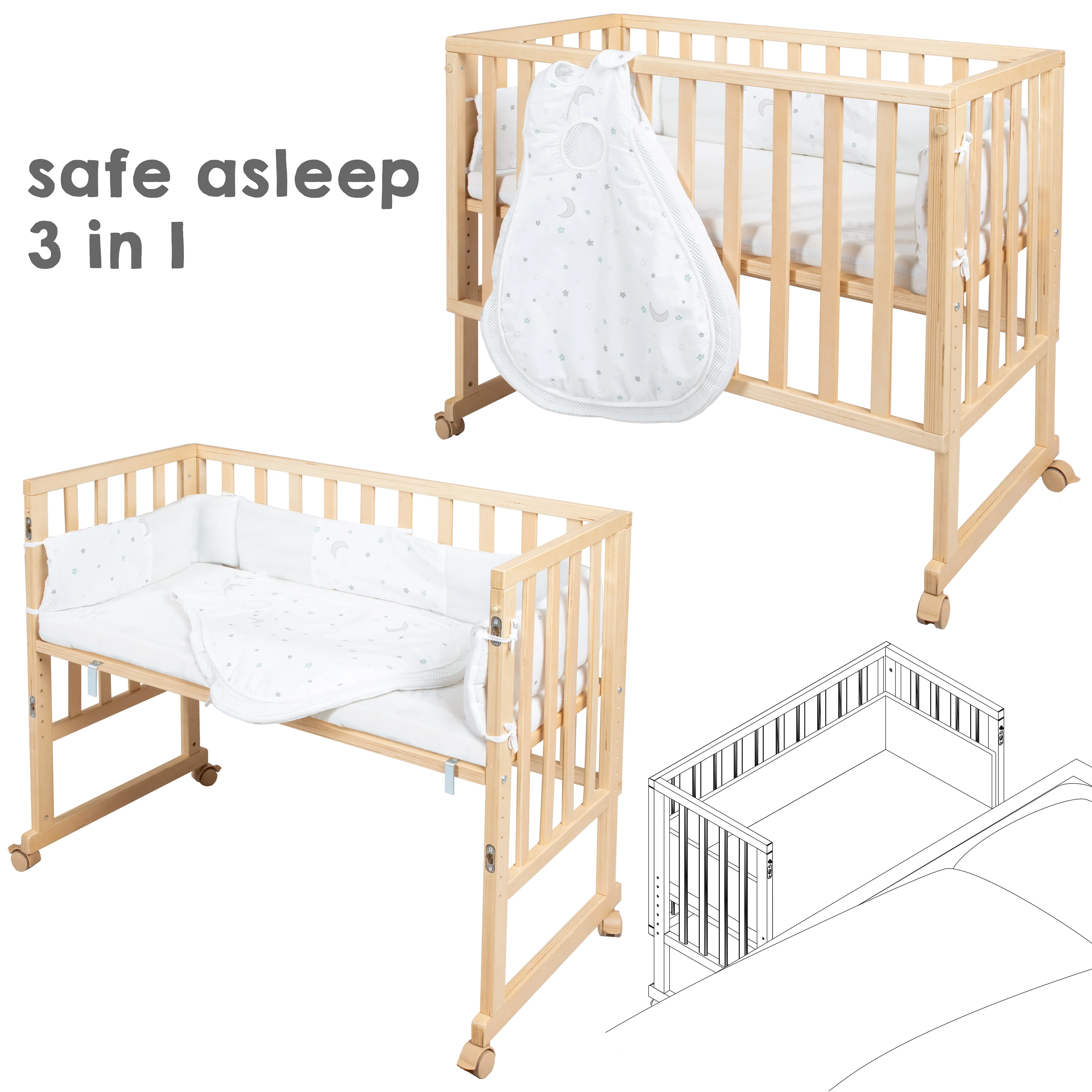 Stubenbett 'safe asleep®' 3 in 1, 'Sternenzauber', Beistellbett, Babybett & Bank, natur, inkl. Zubehör - Image 3