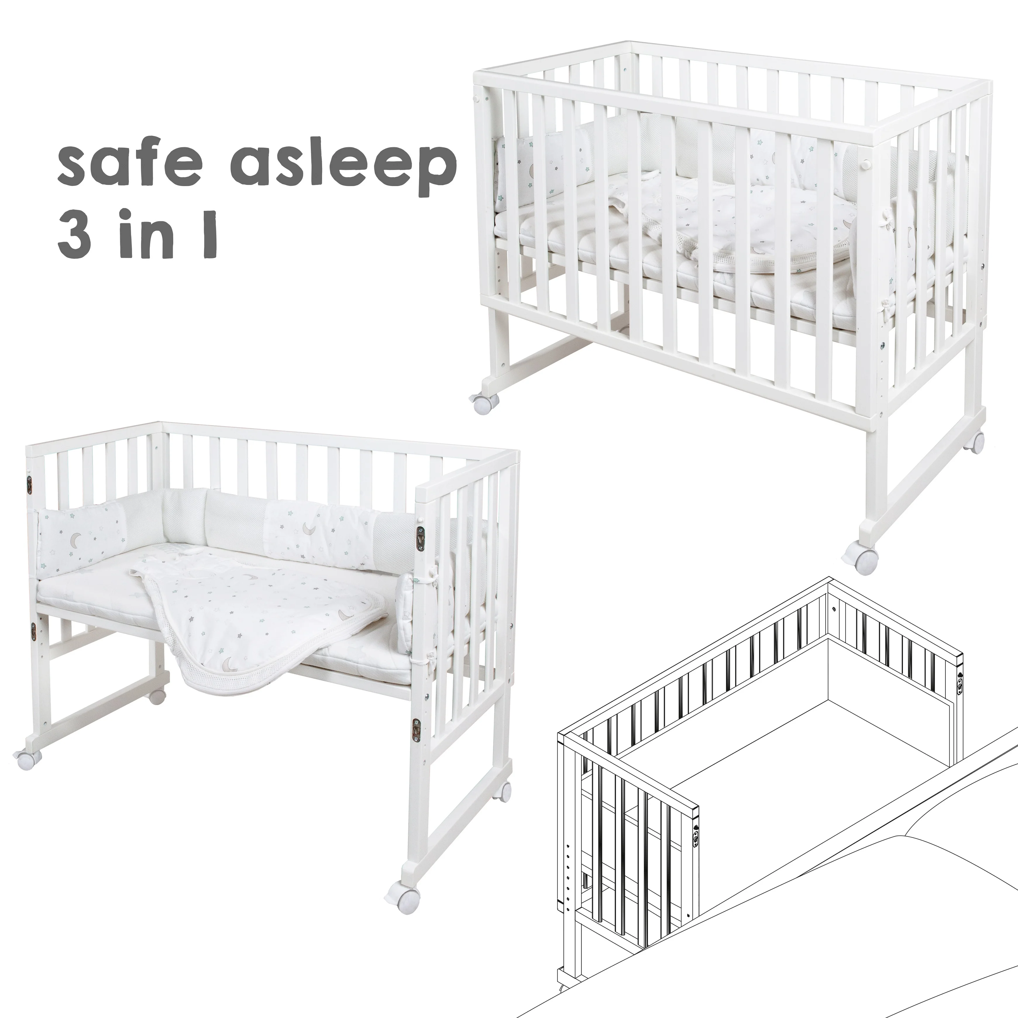 Stubenbett 'safe asleep®' 3 in 1, 'Sternenzauber', Beistellbett weiß, Babybett & Bank, inkl. Zubehör - Image 3