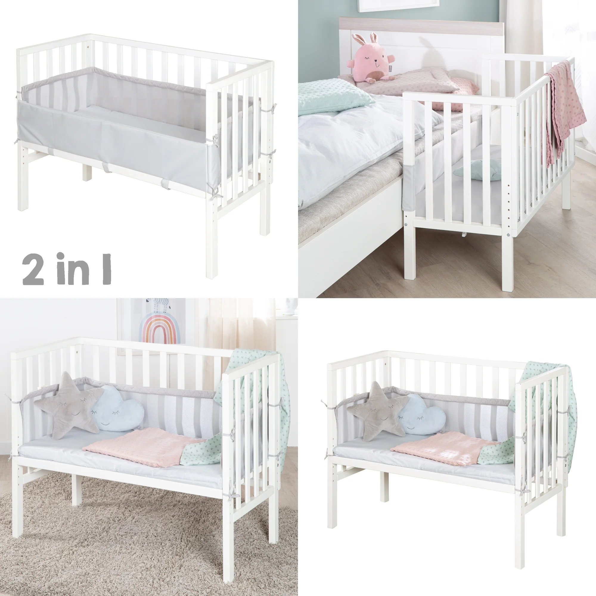 2in1 Beistellbett 'roba Style' inkl. Matratze 45x90, Mesh-Nestchen & Barriere - Holz weiß - Image 5
