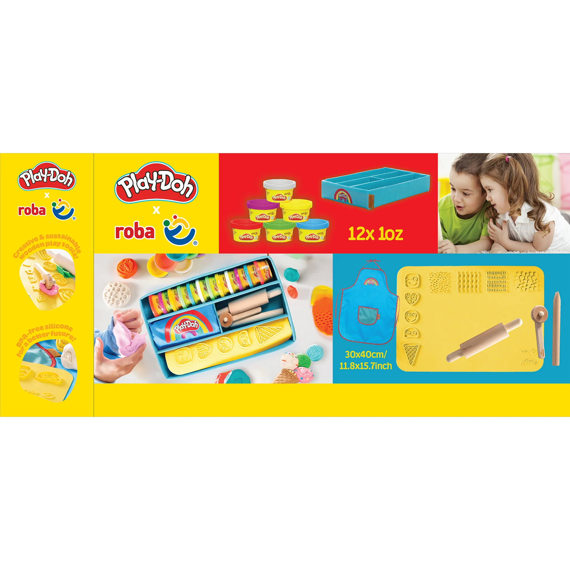 roba x Play-Doh Spielset mit Box, Kreativmatte, 12 Knete, Holzwerkzeugen & Schürze - Image 9